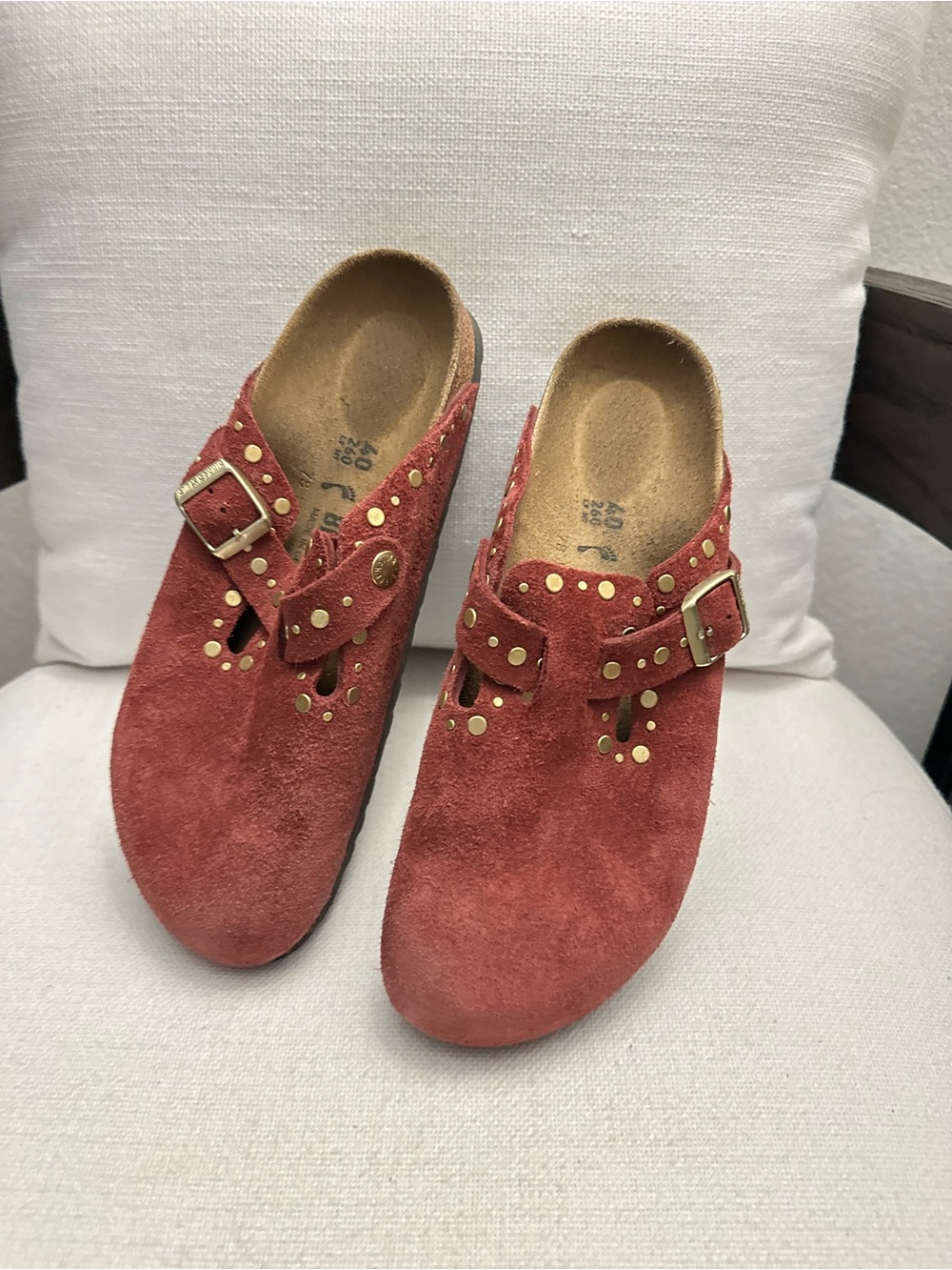 Birkenstock Red Suede Studded Clog Mule with Buckle - Picture 5 of 5